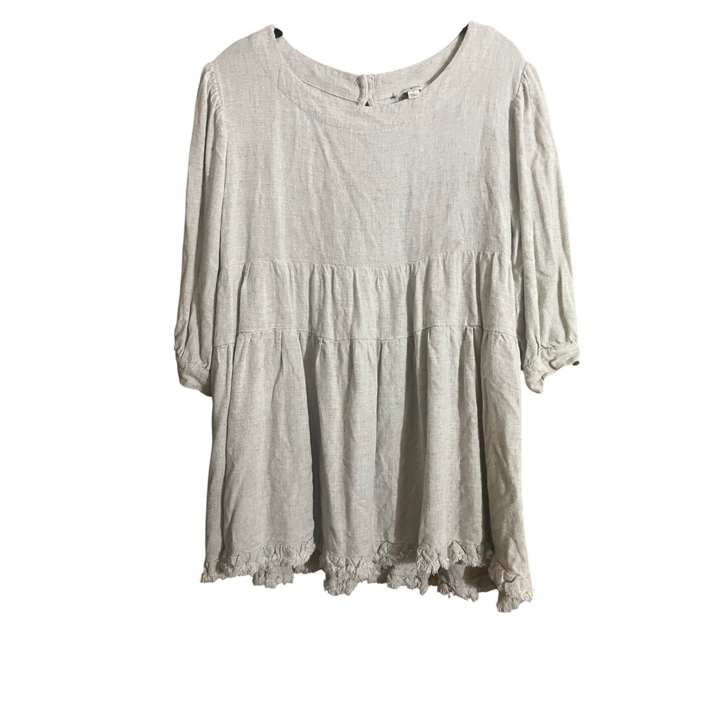 Umgee USA Linen Blend Tiered Babydoll Tunic Top Beige Frayed Hem Small C2081